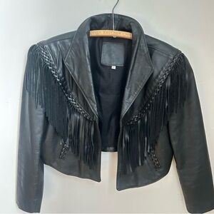 Vintage Black Fringe Leather Cropped Jacket - Women